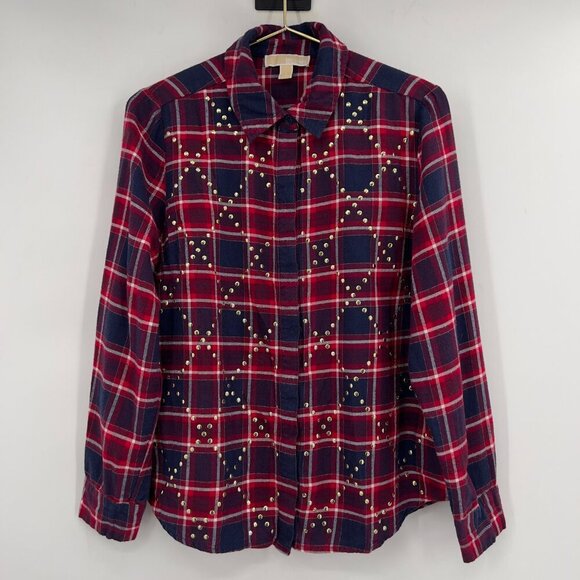 Michael Kors Plaid Studded Button Down Shirt Women’s Large Red Navy - Picture 1 of 10